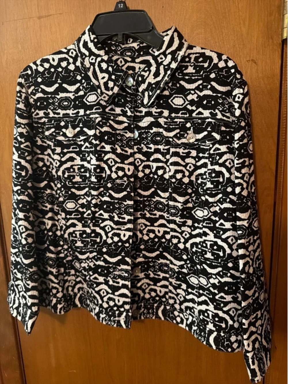 Ruby Rd Women’s Jacket Size 14 Black White Abstract Print Button Front Boho
